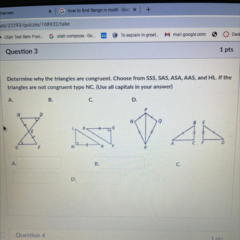 Determine why the triangles are congruent. Choose from SSS, SAS, ASA, AAS, and HL-example-1