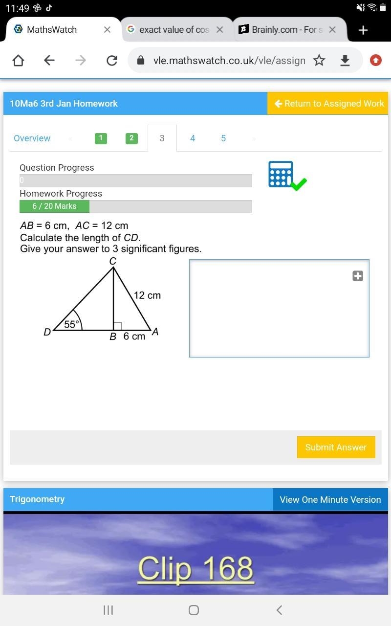 AB = 6cm , AC = 12cm Calculate the length of CD Give your answer to 3 significant-example-1