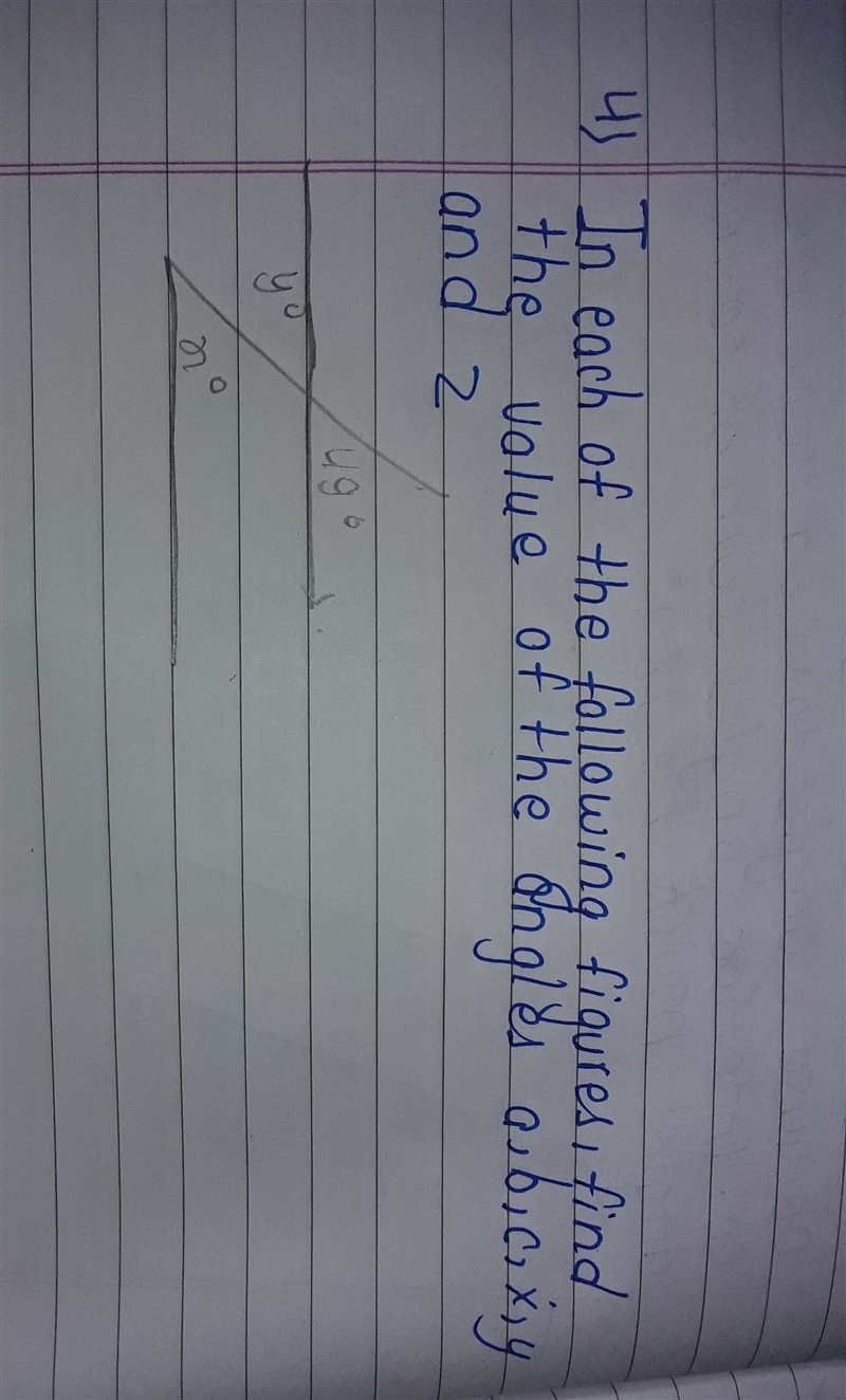 4) In each of the following figures, find the value of the angles a,b,c,x,y,and z-example-1