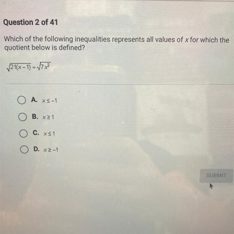 Which of the following inequalities represents all values of x for which the quotient-example-1