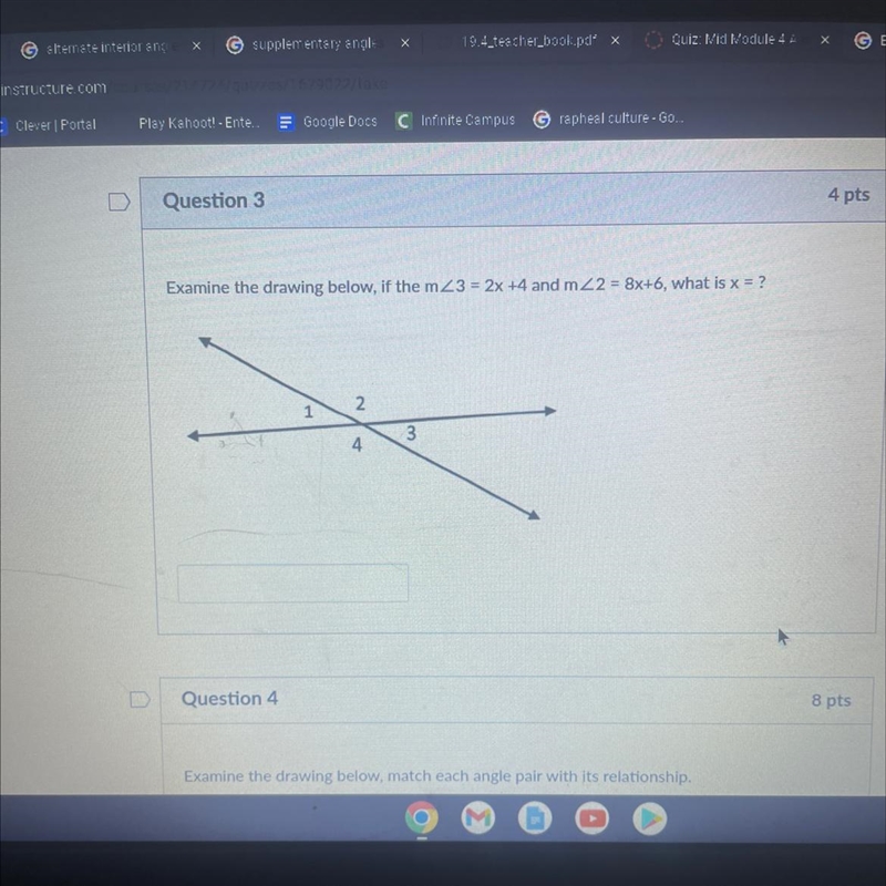 Examine the drawing below, if the m 23 = 2x +4 and m 22 = 8x+6, what is x = ?-example-1