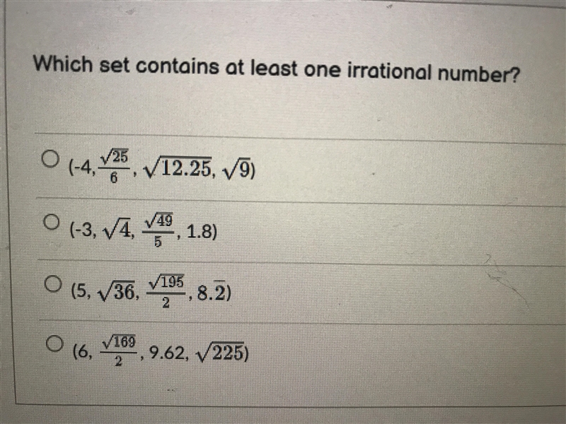 Which set contains at least one irrational number?-example-1