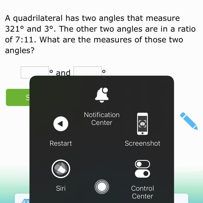 A quadrilateral has two angles that measure 321° and 3°. The other two angles are-example-1