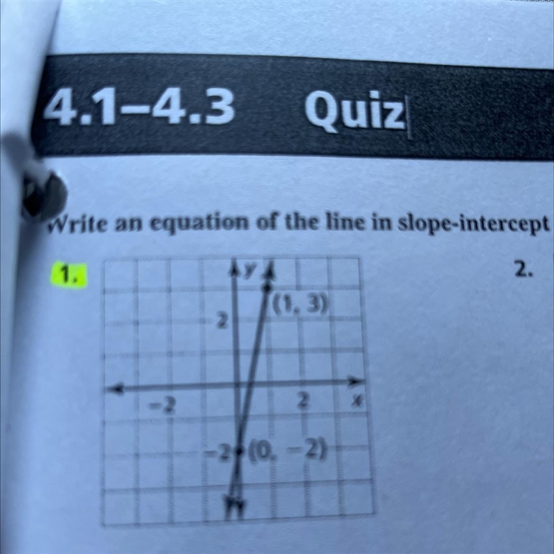 Write and equation of the line in slope-intercept form. (0,-2) (1,3)-example-1