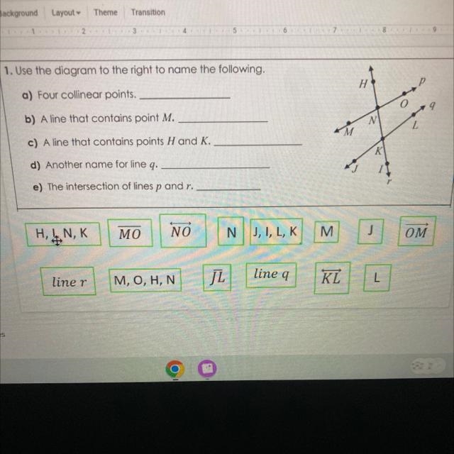 1. Use the diagram to the right to name the following a Four collinear points. b) A-example-1