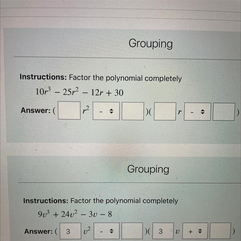 Factor the polynomial completely 10³ -25r² - 12r + 30-example-1