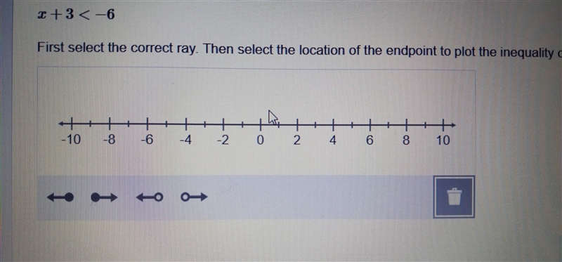 Graph the solution to this inequality on the number line x + 3 < -6 first select-example-1