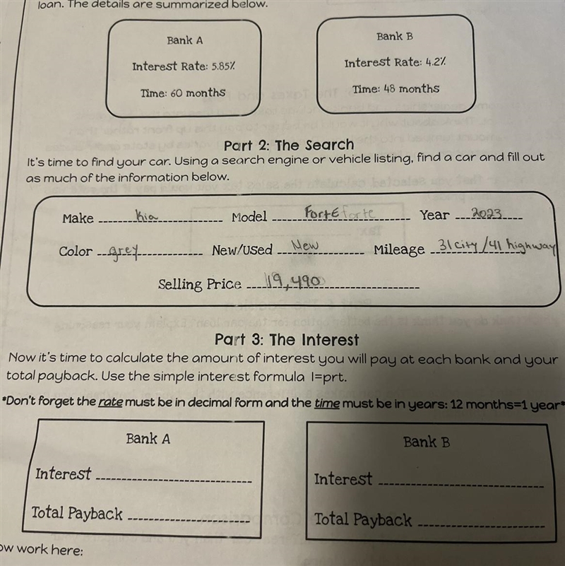 Buying a car simple interest activity. Can you guys help me?-example-1