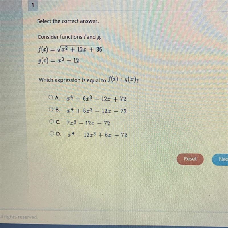 Select the correct answer. Consider functions f and g. f(x) = x² + 12x + 36 g(x) = 13-12 . Which-example-1