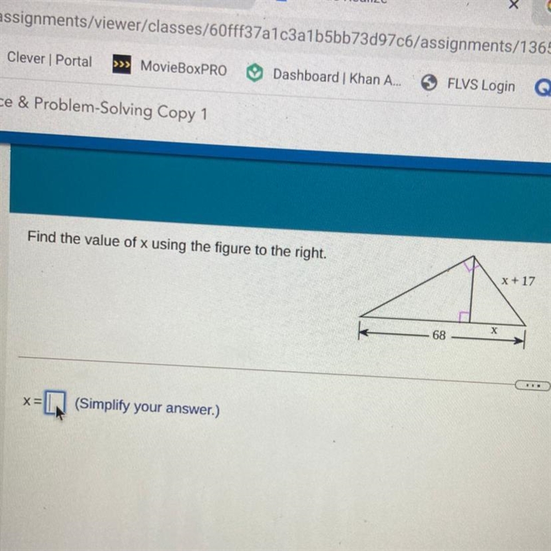 Find the value of x using the figure to the right. x + 17 х 68-example-1