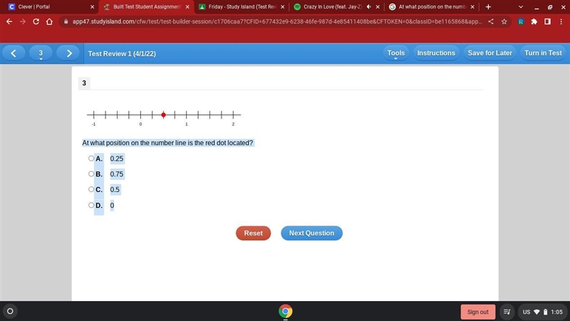 At what position on the number line is the red dot located? A. 0.25 B. 0.75 C. 0.5 D-example-1