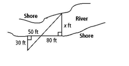 Solve for x, the distance across the river. Explain how you know the triangles are-example-1