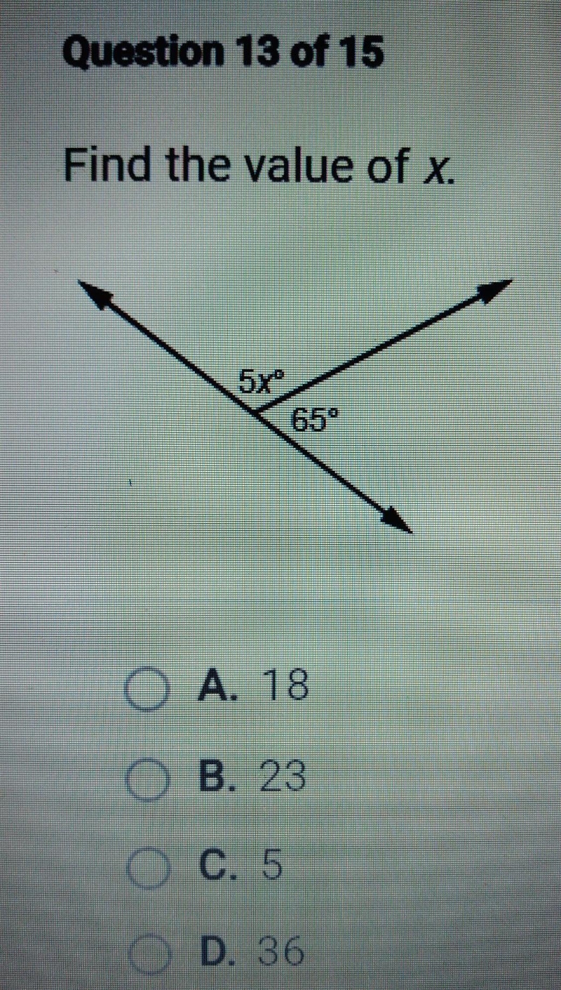 Find the value of x. 5x° 65°​-example-1