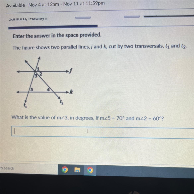 The figure shows two parallel lines, j and k, cut by two transversals, t₁ and t₂. What-example-1