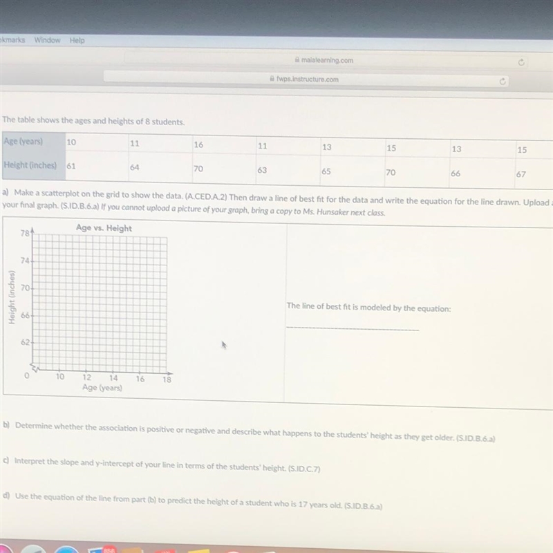 The table shows the ages and heights of students Mochten Are years 10 15 11 16 11 15 13 Cas-example-1