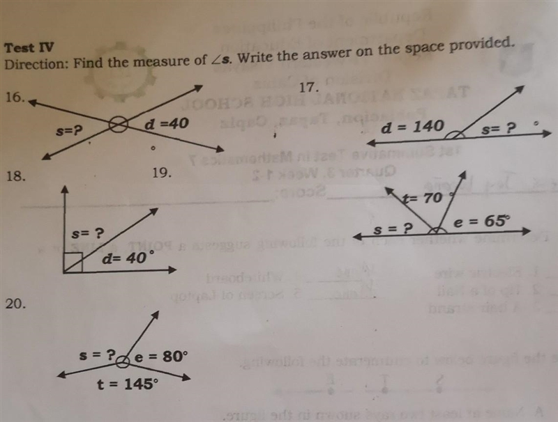 Test Direction: Find the measure of <s. Write the answer on the space provided-example-1