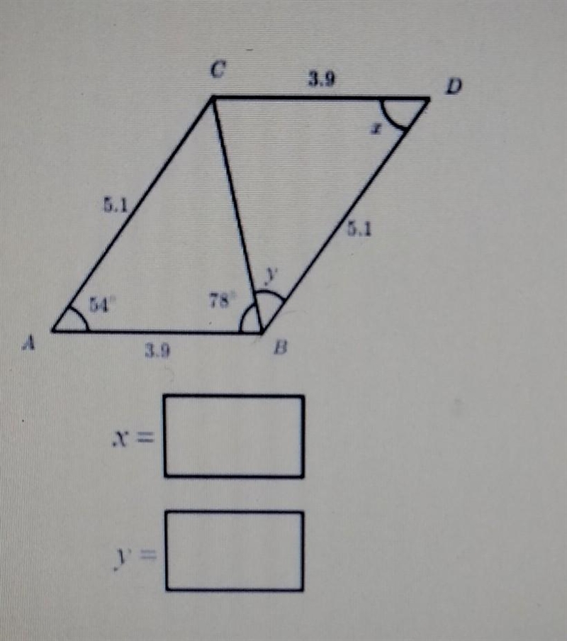 Consider the figure shown below to find the values of the angle x and angle y. A. 78 B-example-1