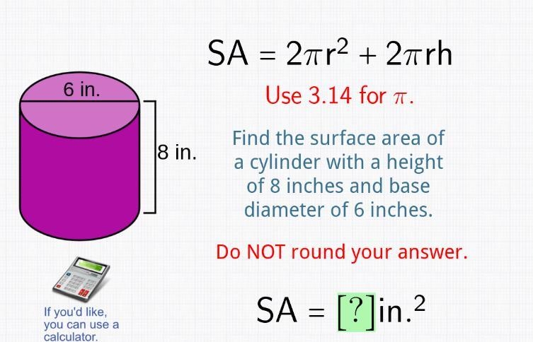 Find the surface area of a cylinder with a height of 8 inches and a base diameter-example-1