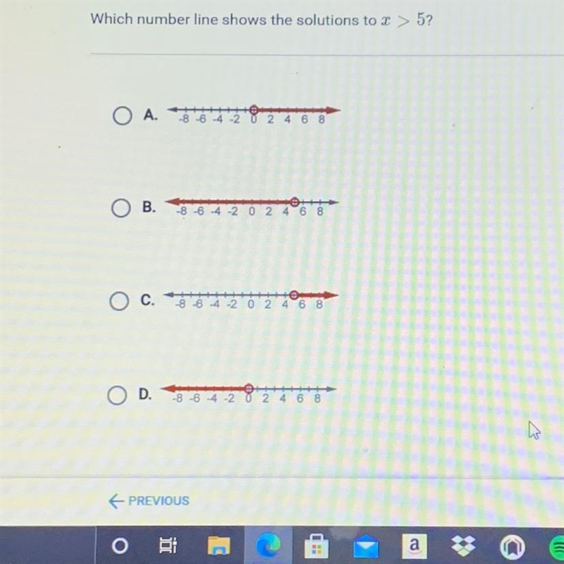 Which number line shows the solutions to 2 > 5?-example-1