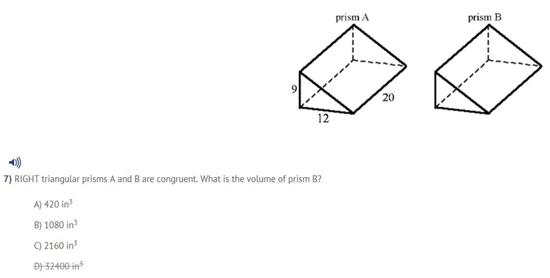 RIGHT triangular prisms A and B are congruent. What is the volume of prism B? A) 420 in-example-1