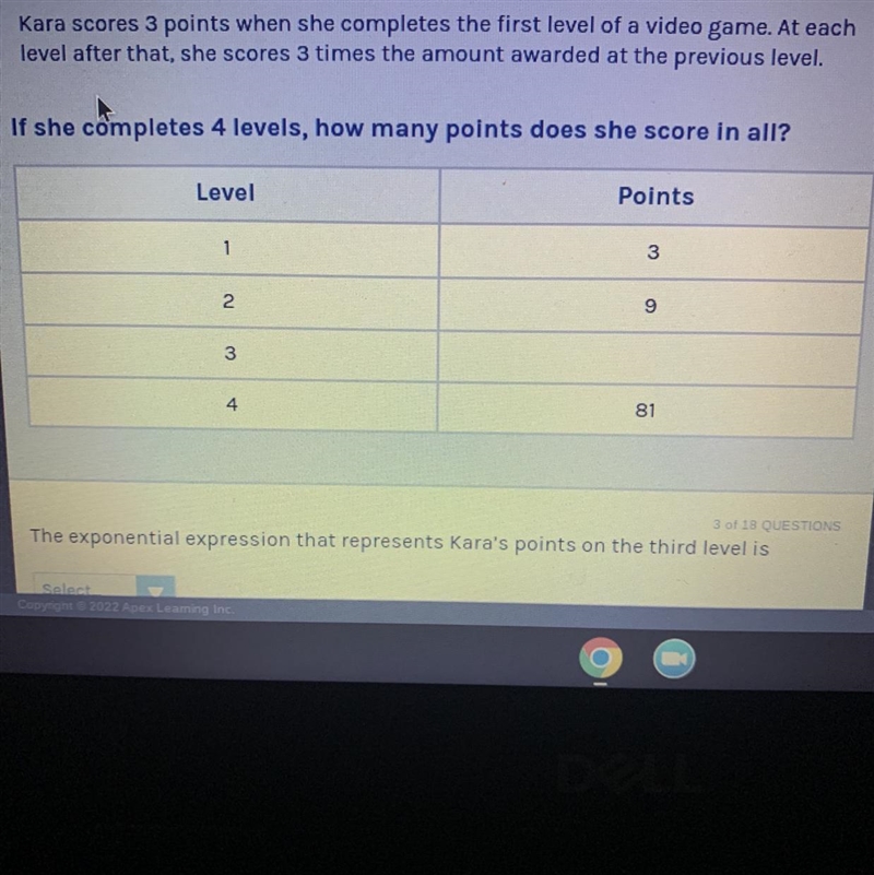 Kara scores 3 points when she completes the first level of a video game. At each level-example-1