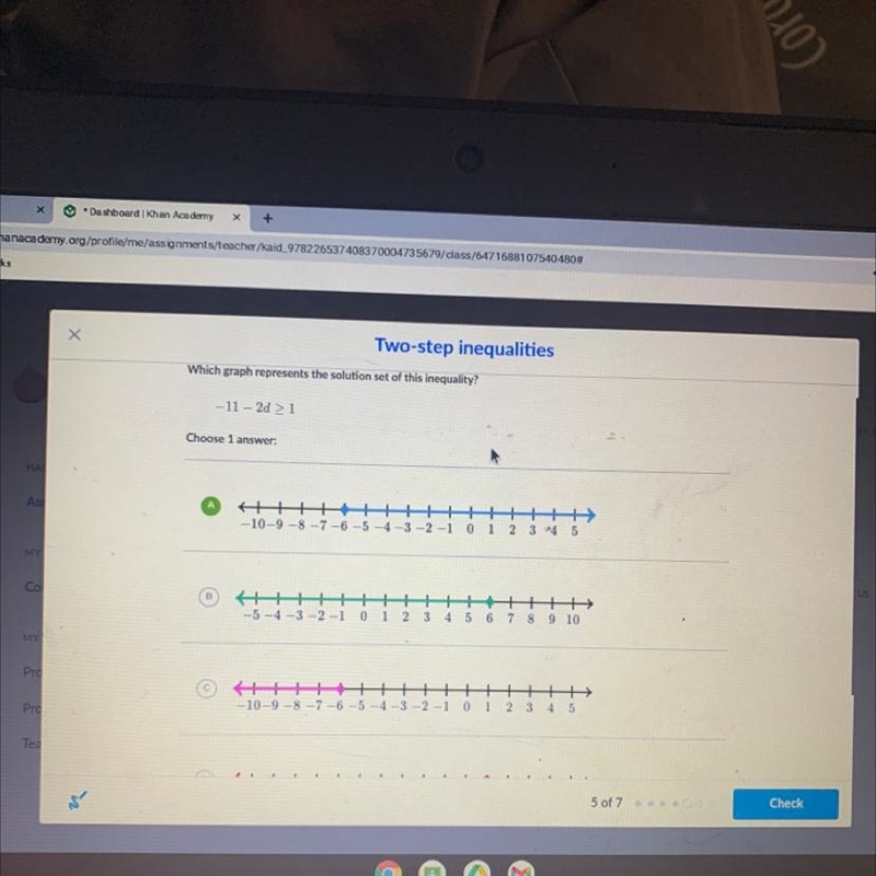 Which graph represents the solution set of this inequality? - 11 - 20 > 1 Choose-example-1