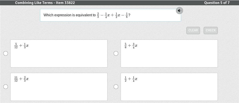 Which expression is equivalent to 2/3−1/4x+1/2x−1/6?-example-1