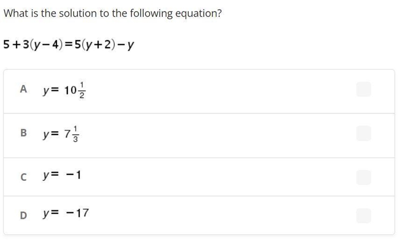 What is the solution to the following equation? 5 + 3 (y - 4) = 5 (y + 2) - y-example-1