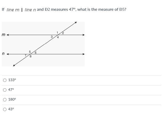 If line m || line n and Ð2 measures 47°, what is the measure of Ð5?-example-1