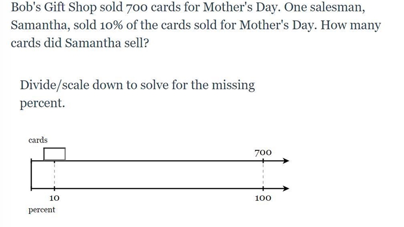 Bob's Gift Shop sold 700 cards for Mother's Day. One salesman, Samantha, sold 10% of-example-1