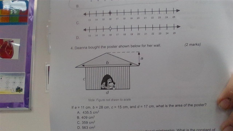 deanna bought the poster shown below for her wall if a=11 cm,b=28cm,c=15cm,and d=17cm-example-1