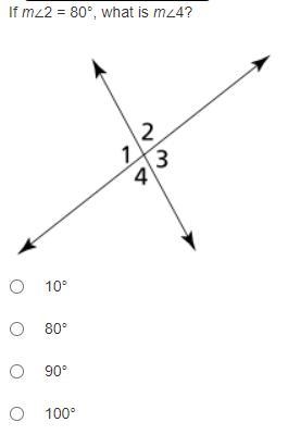 If m∠2 = 80°, what is m∠4?-example-1