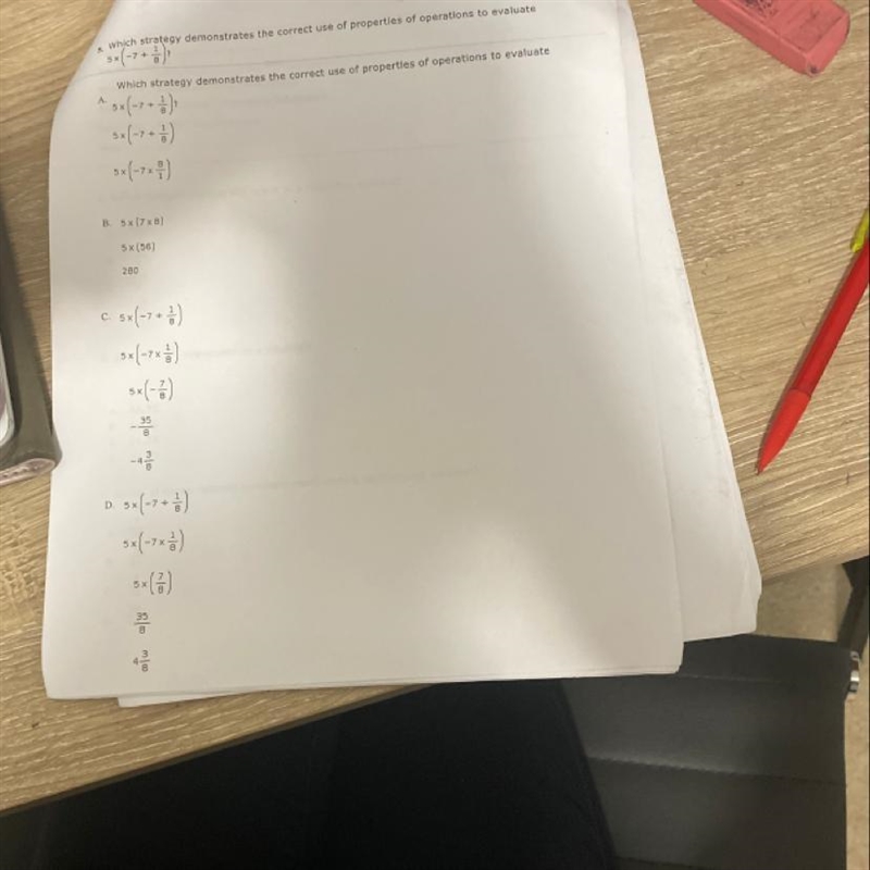 Which strategy demonstrates the correct use of properties of operations to evaluate-example-1