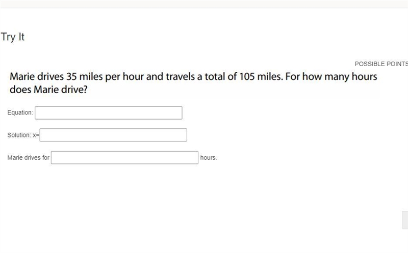 Equation: Solution: x= Marie drives for___________________hours.-example-1