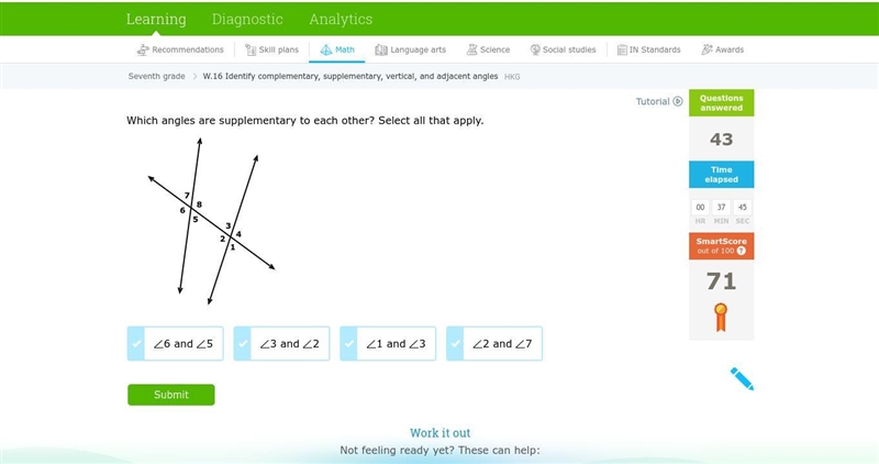 Which angles are supplementary to each other? Select all that apply.-example-1