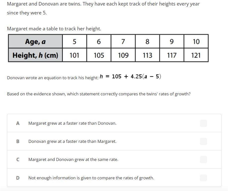 Margaret and Donovan are twins. They have each kept track of their heights every year-example-1