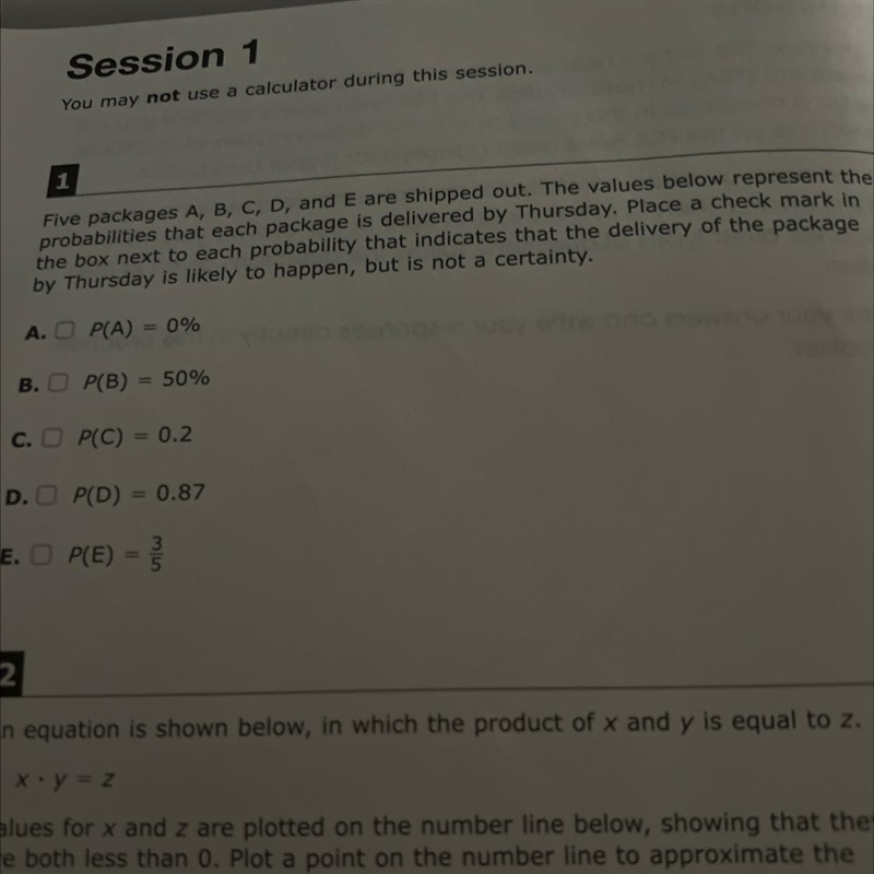 Five packages A, B, C, D, and E are shipped out. The values below represent the probabilities-example-1