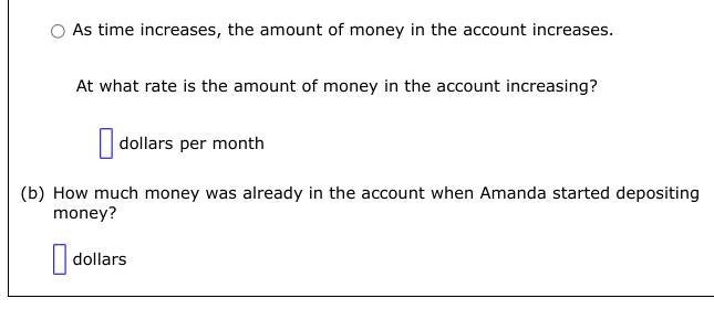 Amanda deposits the same amount of money into a bank account every month. The table-example-2