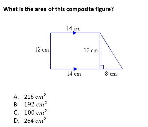 What is the area of the composite figure? A. 216 cm2 B. 192 cm2 C. 100 cm2 D. 264 cm-example-1