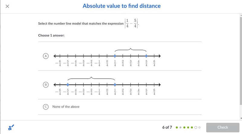 Select the number line model that matches the expression |1/4 - 5/4|-example-1