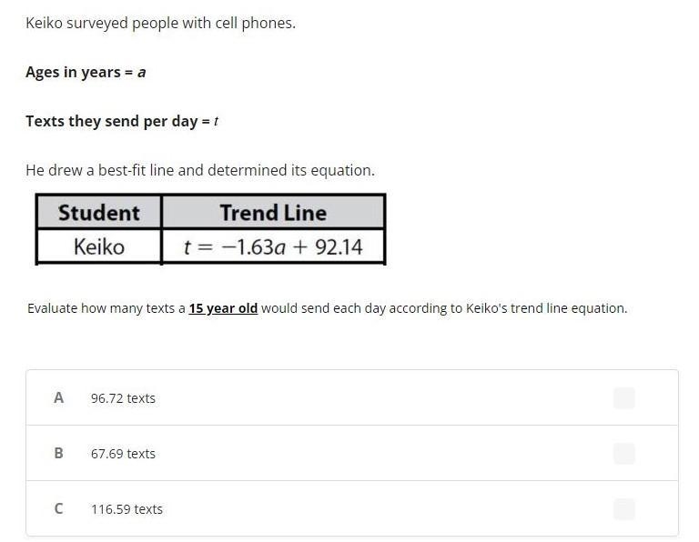 Keiko surveyed people with cell phones. Ages in years = a Texts they send per day-example-1