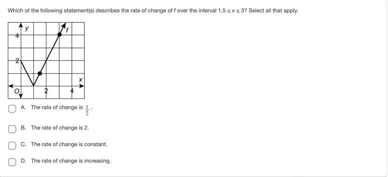 Which of the following statement(s) describes the rate of change of f over the interval-example-1