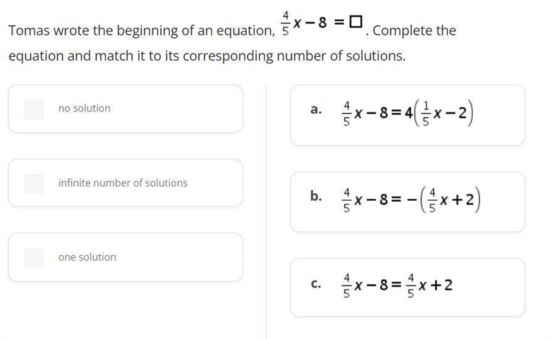 Complete the equation and match it to its corresponding number of solutions.-example-1