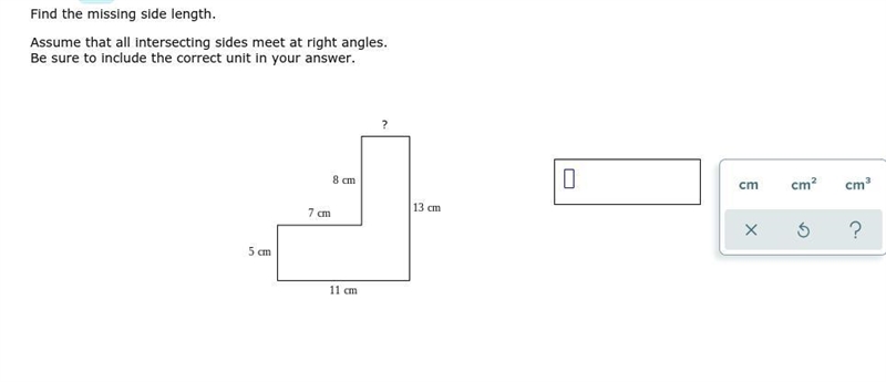 Find the missing side length. Assume that all intersecting sides meet at right angles-example-1