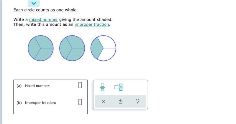 Each circle counts as one whole. Write a mixed number giving the amount shaded. Then-example-1