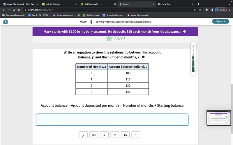 Mark starts with $100 in his bank account. He deposits $15 each month from his allowance-example-1