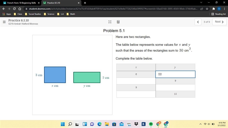 Here are two rectangles. The table below represents some values for $$ and $$ such-example-1