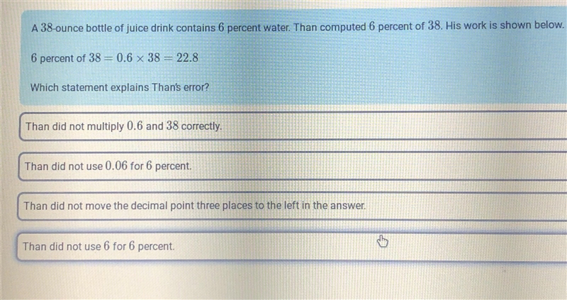 A 38 -ounce bottle of juice drink contains 6 percent water. Than computed 6 percent-example-1