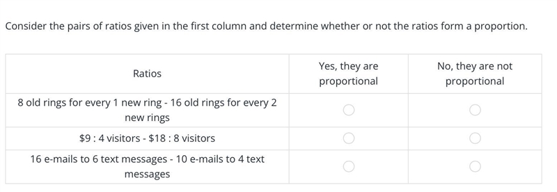 Consider the pairs of ratios given in the first column and determine whether or not-example-1