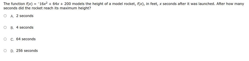 The function f(x) = –16x2 + 64x + 200 models the height of a model rocket, f(x), in-example-1